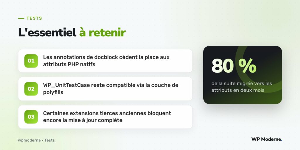 L'essentiel à retenir : Les annotations de docblock cèdent la place aux attributs PHP natifs ; WP_UnitTestCase reste compatible via la couche de polyfills ; Certaines extensions tierces anciennes bloquent encore la mise à jour complète