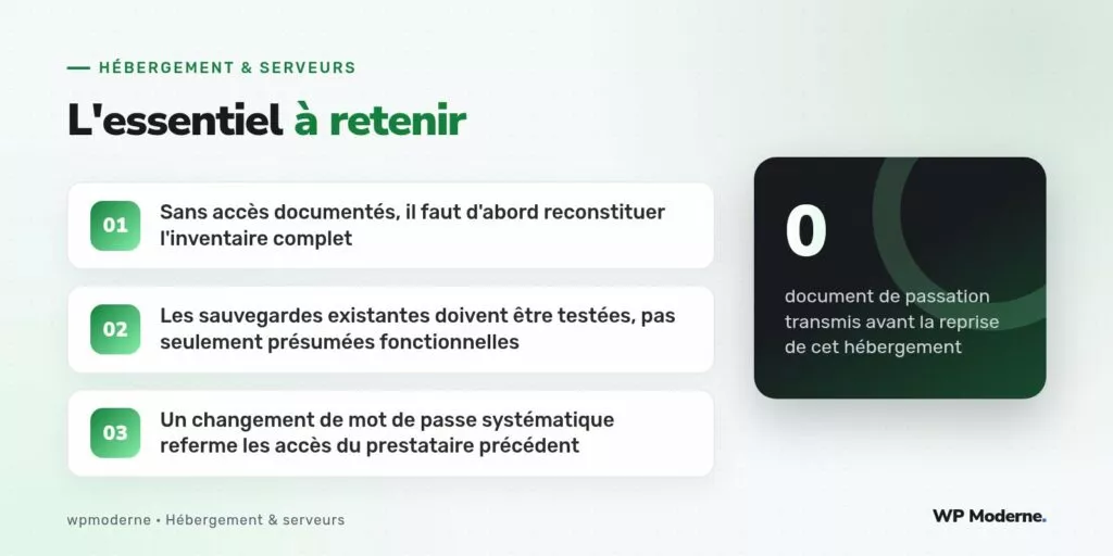L'essentiel à retenir : Sans accès documentés, il faut d'abord reconstituer l'inventaire complet ; Les sauvegardes existantes doivent être testées, pas seulement présumées fonctionnelles ; Un changement de mot de passe systématique referme les accès du prestataire précédent