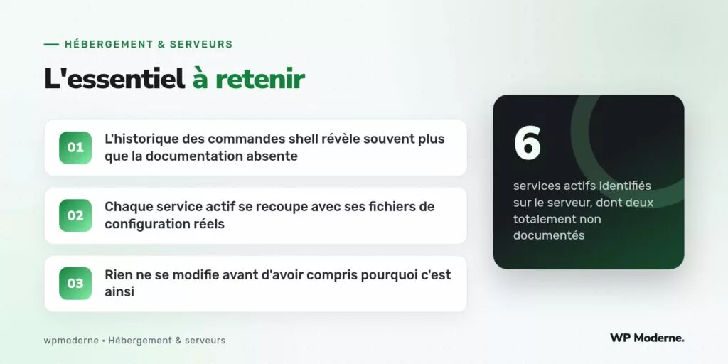 L'essentiel à retenir : L'historique des commandes shell révèle souvent plus que la documentation absente ; Chaque service actif se recoupe avec ses fichiers de configuration réels ; Rien ne se modifie avant d'avoir compris pourquoi c'est ainsi
