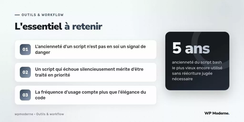 L'essentiel à retenir : L'ancienneté d'un script n'est pas en soi un signal de danger ; Un script qui échoue silencieusement mérite d'être traité en priorité ; La fréquence d'usage compte plus que l'élégance du code