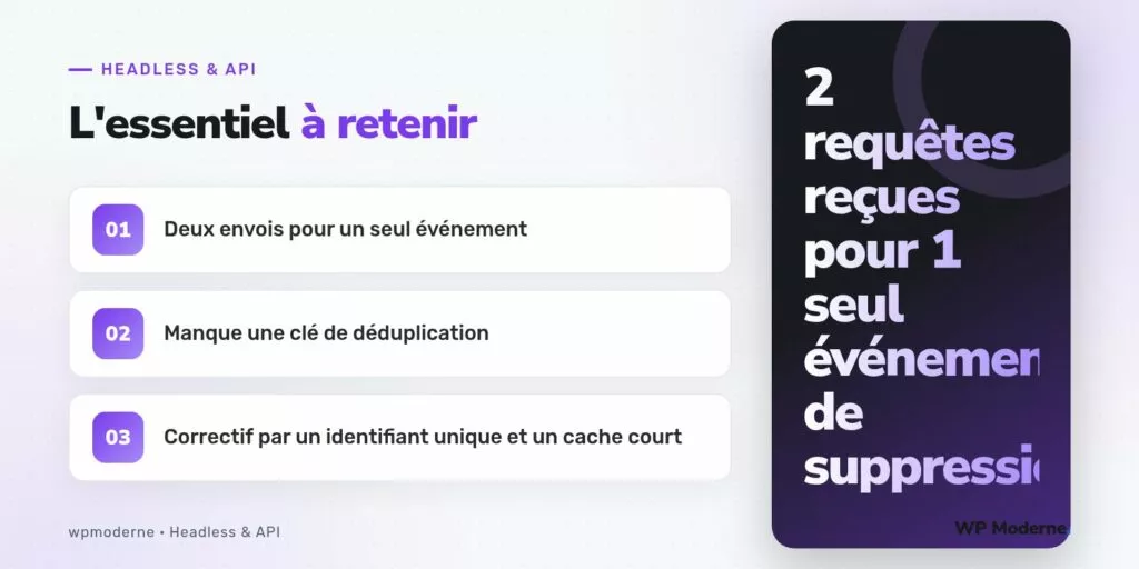 L'essentiel à retenir : Deux envois pour un seul événement ; Manque une clé de déduplication ; Correctif par un identifiant unique et un cache court