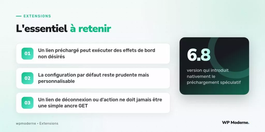 L'essentiel à retenir : Un lien préchargé peut exécuter des effets de bord non désirés ; La configuration par défaut reste prudente mais personnalisable ; Un lien de déconnexion ou d'action ne doit jamais être une simple ancre GET