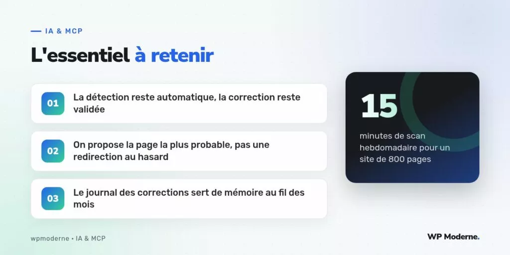 L'essentiel à retenir : La détection reste automatique, la correction reste validée ; On propose la page la plus probable, pas une redirection au hasard ; Le journal des corrections sert de mémoire au fil des mois
