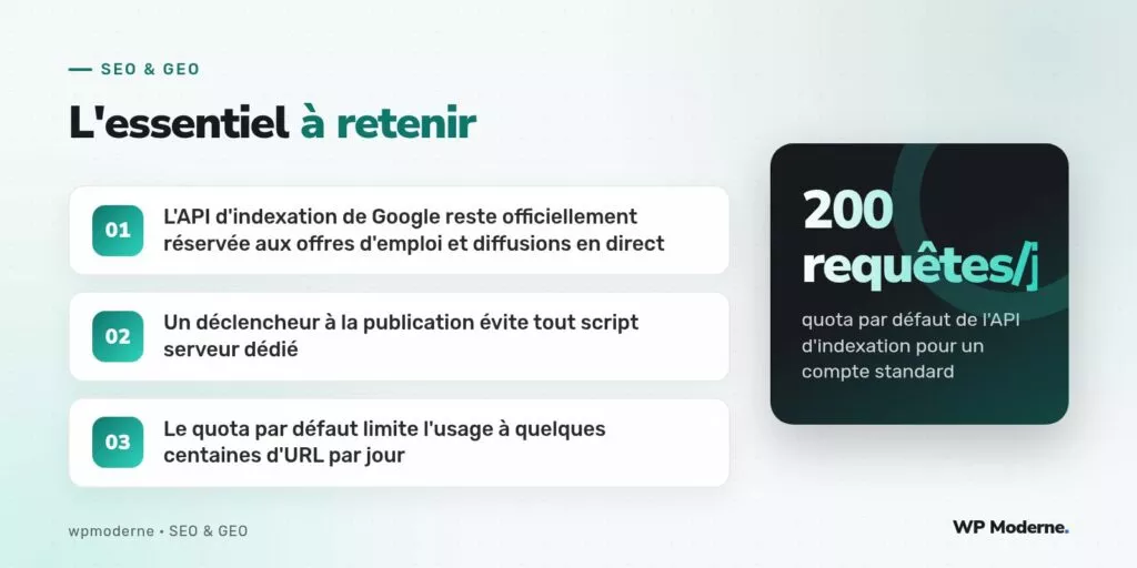 L'essentiel à retenir : L'API d'indexation de Google reste officiellement réservée aux offres d'emploi et diffusions en direct ; Un déclencheur à la publication évite tout script serveur dédié ; Le quota par défaut limite l'usage à quelques centaines d'URL par jour