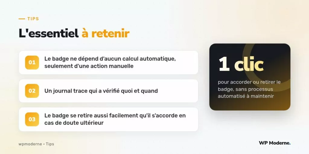 L'essentiel à retenir : Le badge ne dépend d'aucun calcul automatique, seulement d'une action manuelle ; Un journal trace qui a vérifié quoi et quand ; Le badge se retire aussi facilement qu'il s'accorde en cas de doute ultérieur