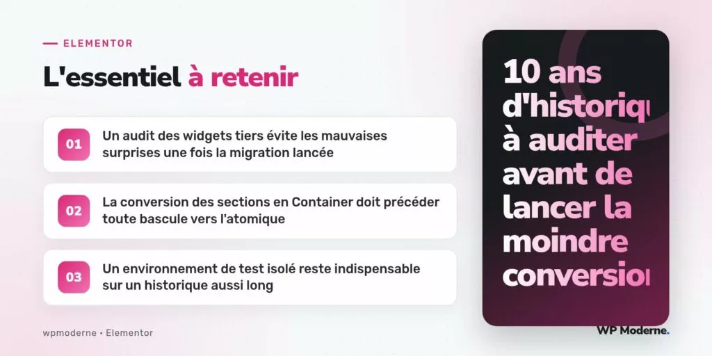 L'essentiel à retenir : Un audit des widgets tiers évite les mauvaises surprises une fois la migration lancée ; La conversion des sections en Container doit précéder toute bascule vers l'atomique ; Un environnement de test isolé reste indispensable sur un historique aussi long