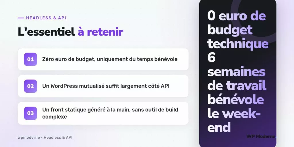 L'essentiel à retenir : Zéro euro de budget, uniquement du temps bénévole ; Un WordPress mutualisé suffit largement côté API ; Un front statique généré à la main, sans outil de build complexe