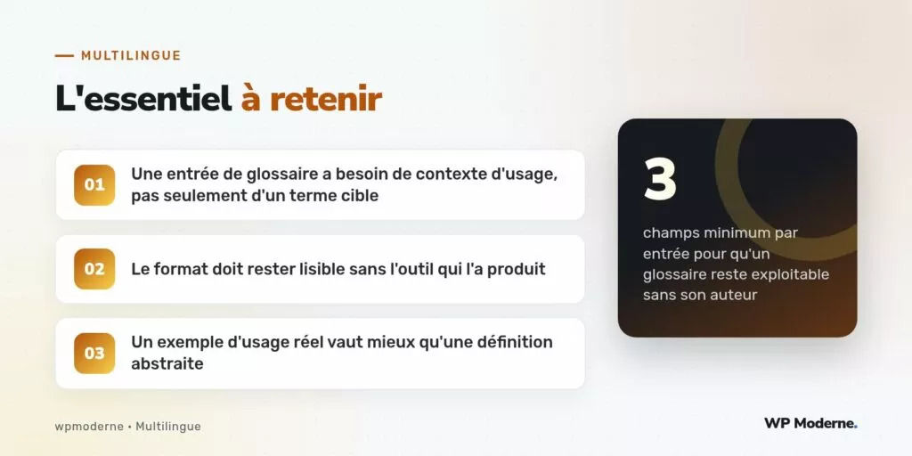 L'essentiel à retenir : Une entrée de glossaire a besoin de contexte d'usage, pas seulement d'un terme cible ; Le format doit rester lisible sans l'outil qui l'a produit ; Un exemple d'usage réel vaut mieux qu'une définition abstraite