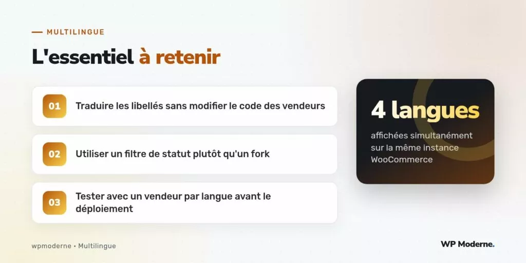 L'essentiel à retenir : Traduire les libellés sans modifier le code des vendeurs ; Utiliser un filtre de statut plutôt qu'un fork ; Tester avec un vendeur par langue avant le déploiement