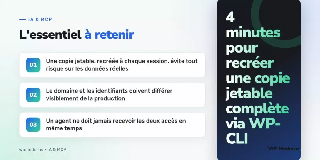 L'essentiel à retenir : Une copie jetable, recréée à chaque session, évite tout risque sur les données réelles ; Le domaine et les identifiants doivent différer visiblement de la production ; Un agent ne doit jamais recevoir les deux accès en même temps