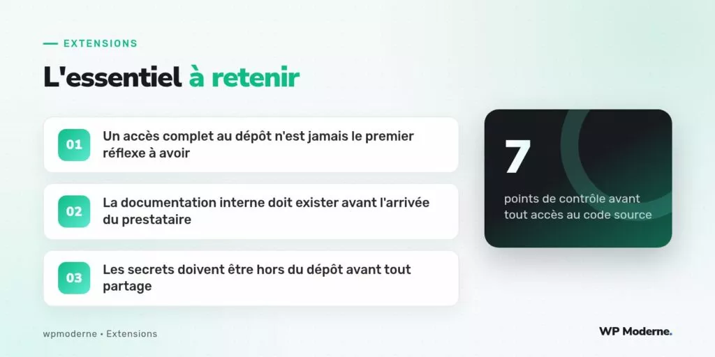 L'essentiel à retenir : Un accès complet au dépôt n'est jamais le premier réflexe à avoir ; La documentation interne doit exister avant l'arrivée du prestataire ; Les secrets doivent être hors du dépôt avant tout partage