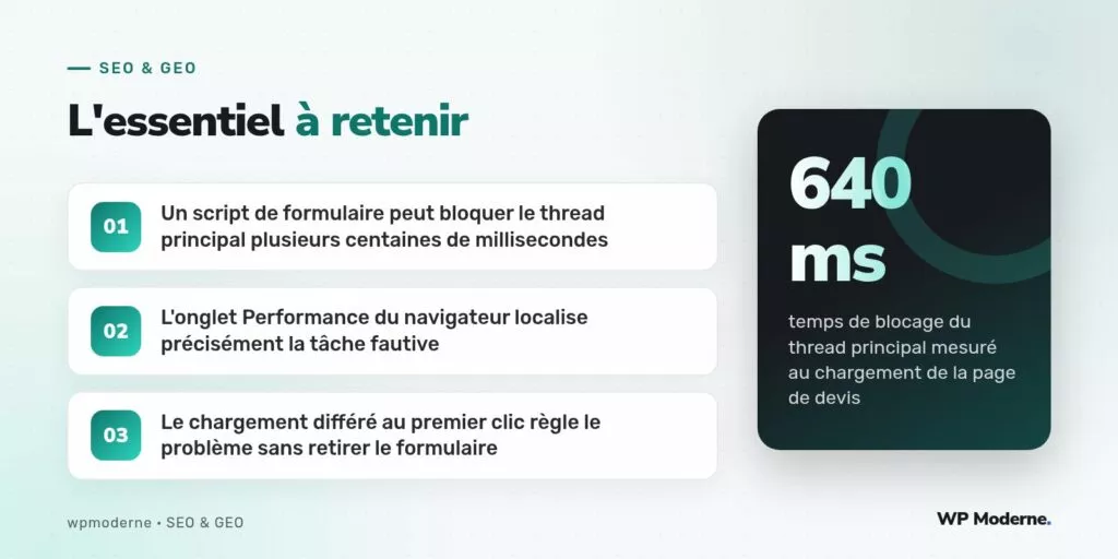 L'essentiel à retenir : Un script de formulaire peut bloquer le thread principal plusieurs centaines de millisecondes ; L'onglet Performance du navigateur localise précisément la tâche fautive ; Le chargement différé au premier clic règle le problème sans retirer le formulaire