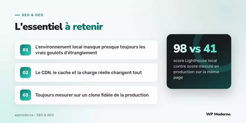 L'essentiel à retenir : L'environnement local masque presque toujours les vrais goulots d'étranglement ; Le CDN, le cache et la charge réelle changent tout ; Toujours mesurer sur un clone fidèle de la production