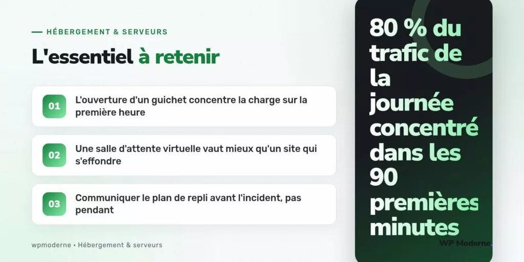 L'essentiel à retenir : L'ouverture d'un guichet concentre la charge sur la première heure ; Une salle d'attente virtuelle vaut mieux qu'un site qui s'effondre ; Communiquer le plan de repli avant l'incident, pas pendant