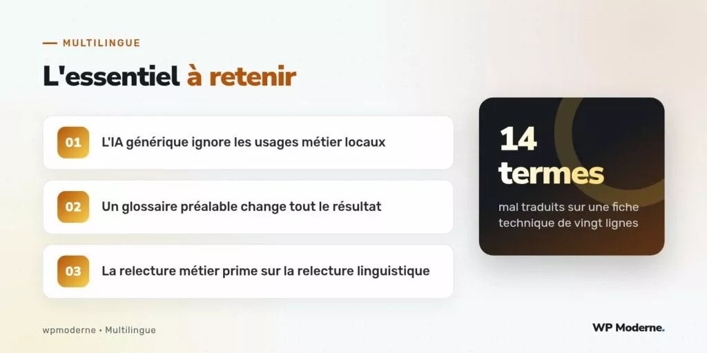 L'essentiel à retenir : L'IA générique ignore les usages métier locaux ; Un glossaire préalable change tout le résultat ; La relecture métier prime sur la relecture linguistique