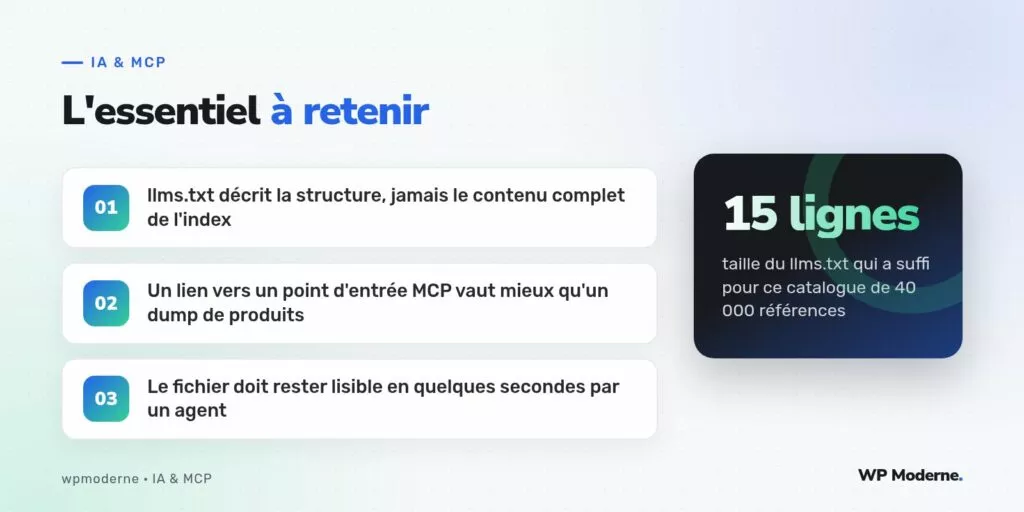 L'essentiel à retenir : llms.txt décrit la structure, jamais le contenu complet de l'index ; Un lien vers un point d'entrée MCP vaut mieux qu'un dump de produits ; Le fichier doit rester lisible en quelques secondes par un agent