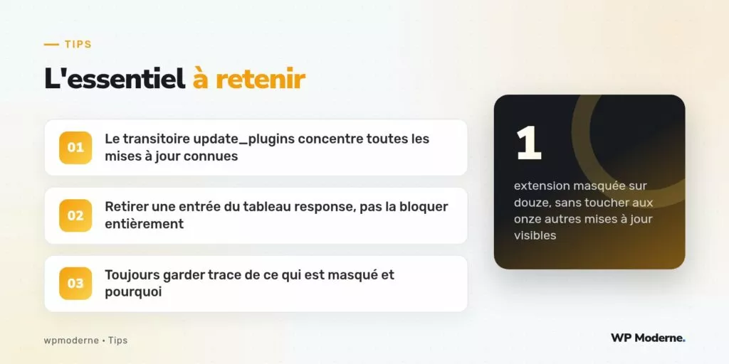 L'essentiel à retenir : Le transitoire update_plugins concentre toutes les mises à jour connues ; Retirer une entrée du tableau response, pas la bloquer entièrement ; Toujours garder trace de ce qui est masqué et pourquoi