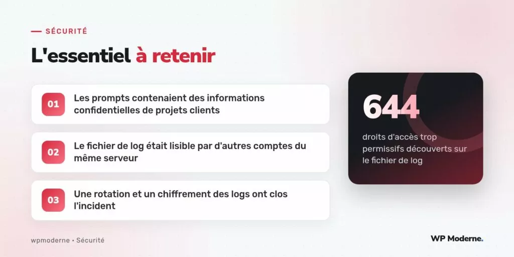 L'essentiel à retenir : Les prompts contenaient des informations confidentielles de projets clients ; Le fichier de log était lisible par d'autres comptes du même serveur ; Une rotation et un chiffrement des logs ont clos l'incident