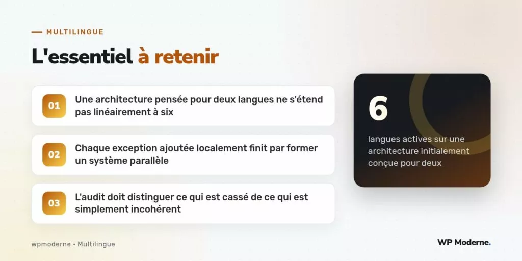 L'essentiel à retenir : Une architecture pensée pour deux langues ne s'étend pas linéairement à six ; Chaque exception ajoutée localement finit par former un système parallèle ; L'audit doit distinguer ce qui est cassé de ce qui est simplement incohérent
