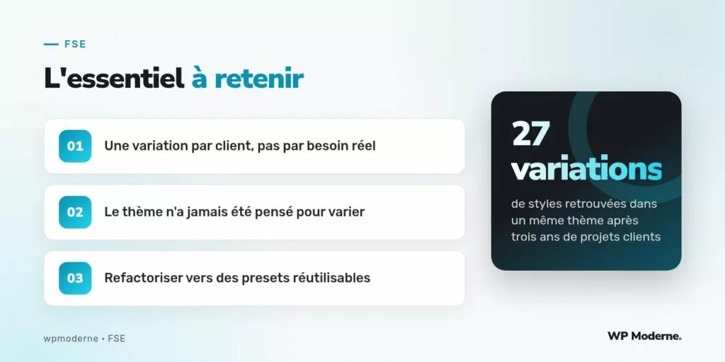 L'essentiel à retenir : Une variation par client, pas par besoin réel ; Le thème n'a jamais été pensé pour varier ; Refactoriser vers des presets réutilisables
