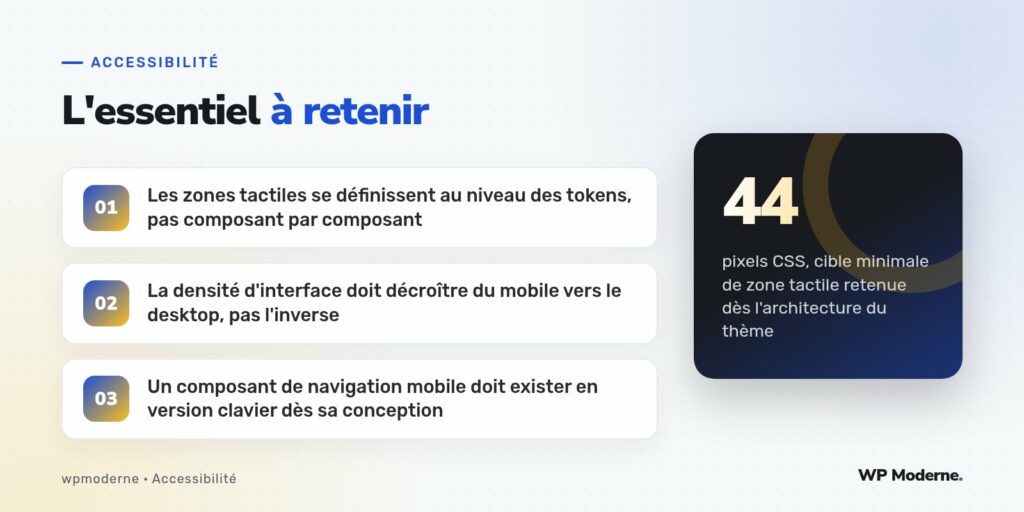 L'essentiel à retenir : Les zones tactiles se définissent au niveau des tokens, pas composant par composant ; La densité d'interface doit décroître du mobile vers le desktop, pas l'inverse ; Un composant de navigation mobile doit exister en version clavier dès sa conception