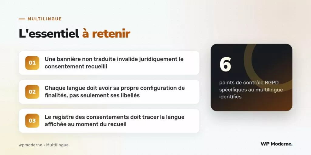 L'essentiel à retenir : Une bannière non traduite invalide juridiquement le consentement recueilli ; Chaque langue doit avoir sa propre configuration de finalités, pas seulement ses libellés ; Le registre des consentements doit tracer la langue affichée au moment du recueil