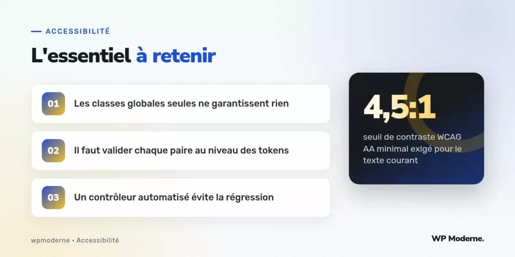 L'essentiel à retenir : Les classes globales seules ne garantissent rien ; Il faut valider chaque paire au niveau des tokens ; Un contrôleur automatisé évite la régression