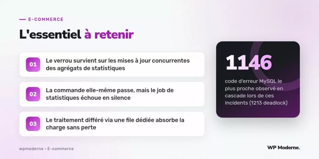 L'essentiel à retenir : Le verrou survient sur les mises à jour concurrentes des agrégats de statistiques ; La commande elle-même passe, mais le job de statistiques échoue en silence ; Le traitement différé via une file dédiée absorbe la charge sans perte