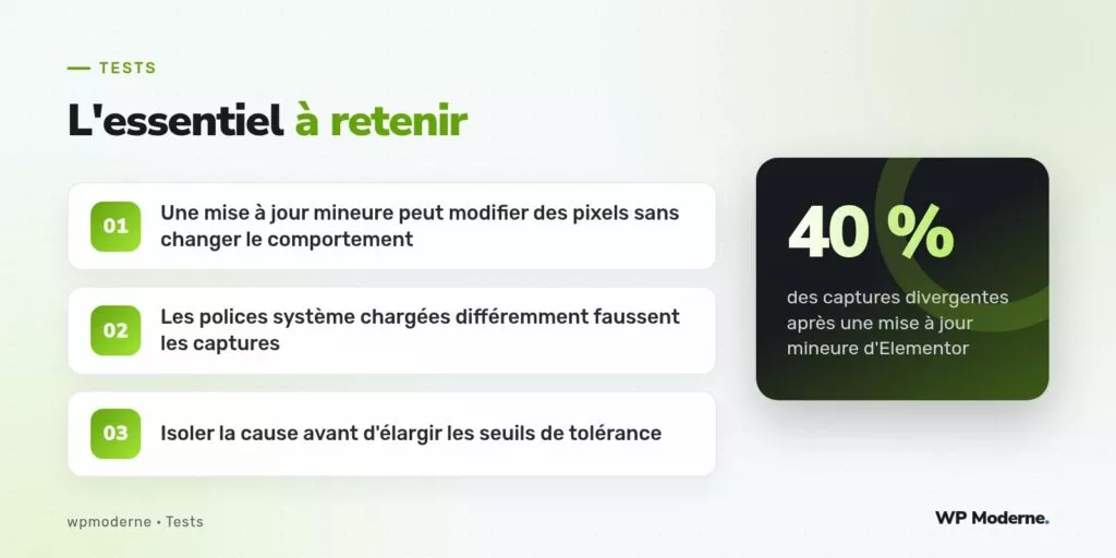 L'essentiel à retenir : Une mise à jour mineure peut modifier des pixels sans changer le comportement ; Les polices système chargées différemment faussent les captures ; Isoler la cause avant d'élargir les seuils de tolérance