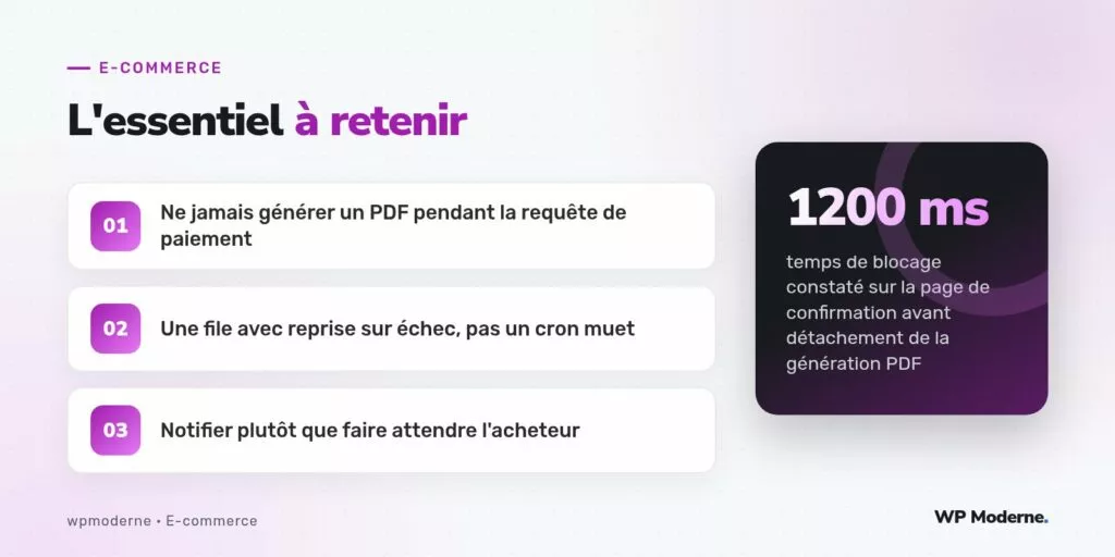 L'essentiel à retenir : Ne jamais générer un PDF pendant la requête de paiement ; Une file avec reprise sur échec, pas un cron muet ; Notifier plutôt que faire attendre l'acheteur