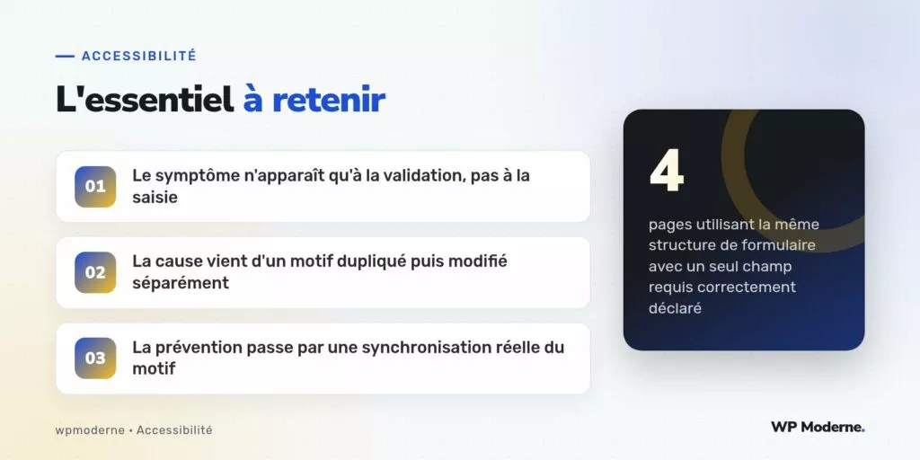 L'essentiel à retenir : Le symptôme n'apparaît qu'à la validation, pas à la saisie ; La cause vient d'un motif dupliqué puis modifié séparément ; La prévention passe par une synchronisation réelle du motif