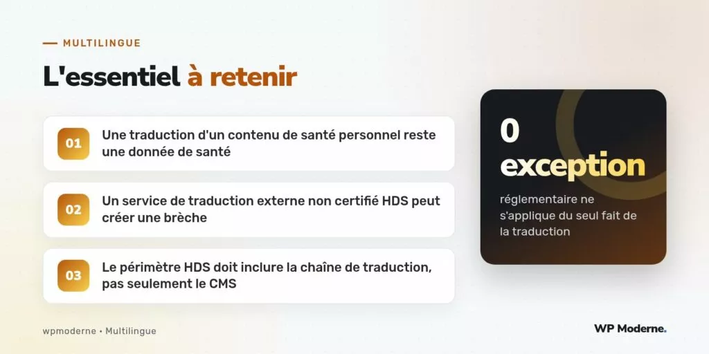 L'essentiel à retenir : Une traduction d'un contenu de santé personnel reste une donnée de santé ; Un service de traduction externe non certifié HDS peut créer une brèche ; Le périmètre HDS doit inclure la chaîne de traduction, pas seulement le CMS