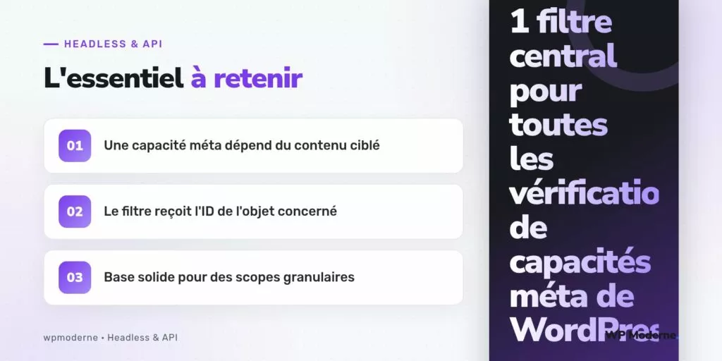L'essentiel à retenir : Une capacité méta dépend du contenu ciblé ; Le filtre reçoit l'ID de l'objet concerné ; Base solide pour des scopes granulaires