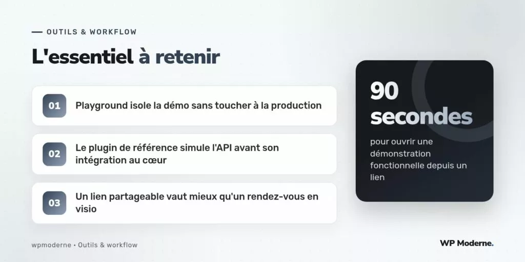 L'essentiel à retenir : Playground isole la démo sans toucher à la production ; Le plugin de référence simule l'API avant son intégration au cœur ; Un lien partageable vaut mieux qu'un rendez-vous en visio