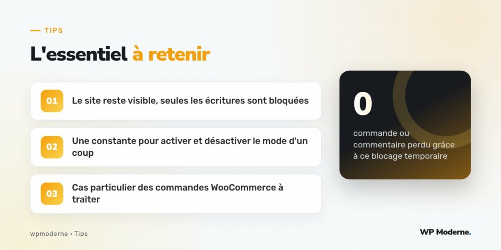 L'essentiel à retenir : Le site reste visible, seules les écritures sont bloquées ; Une constante pour activer et désactiver le mode d'un coup ; Cas particulier des commandes WooCommerce à traiter