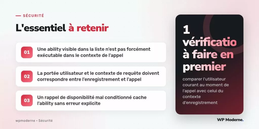 L'essentiel à retenir : Une ability visible dans la liste n'est pas forcément exécutable dans le contexte de l'appel ; La portée utilisateur et le contexte de requête doivent correspondre entre l'enregistrement et l'appel ; Un rappel de disponibilité mal conditionné cache l'ability sans erreur explicite