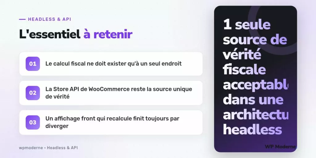 L'essentiel à retenir : Le calcul fiscal ne doit exister qu'à un seul endroit ; La Store API de WooCommerce reste la source unique de vérité ; Un affichage front qui recalcule finit toujours par diverger