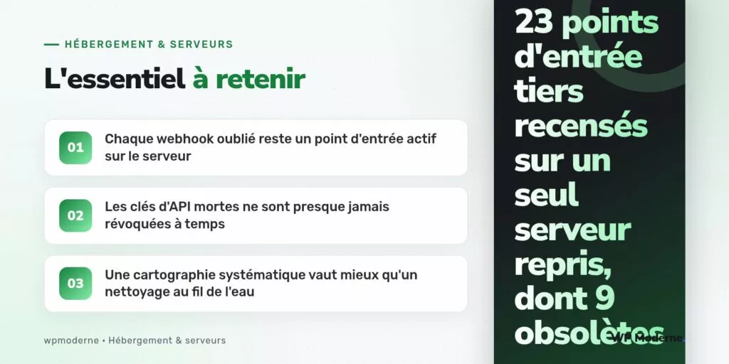 L'essentiel à retenir : Chaque webhook oublié reste un point d'entrée actif sur le serveur ; Les clés d'API mortes ne sont presque jamais révoquées à temps ; Une cartographie systématique vaut mieux qu'un nettoyage au fil de l'eau