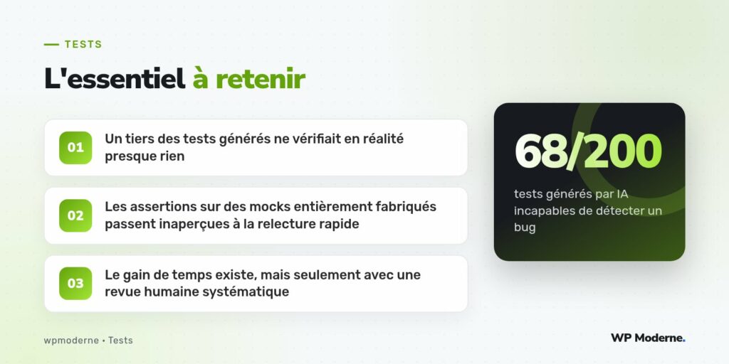 L'essentiel à retenir : Un tiers des tests générés ne vérifiait en réalité presque rien ; Les assertions sur des mocks entièrement fabriqués passent inaperçues à la relecture rapide ; Le gain de temps existe, mais seulement avec une revue humaine systématique