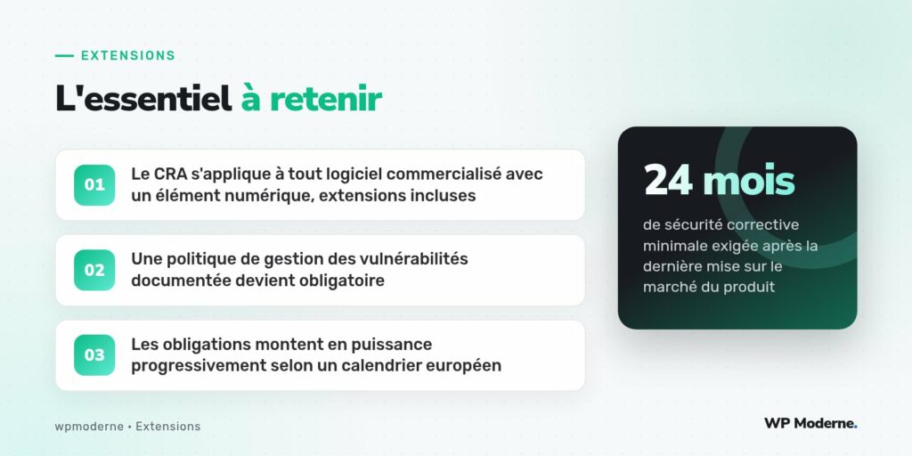 L'essentiel à retenir : Le CRA s'applique à tout logiciel commercialisé avec un élément numérique, extensions incluses ; Une politique de gestion des vulnérabilités documentée devient obligatoire ; Les obligations montent en puissance progressivement selon un calendrier européen