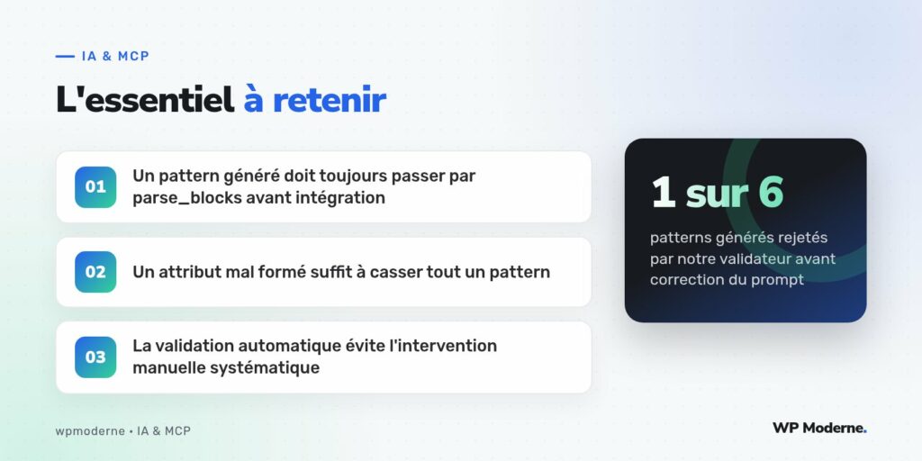 L'essentiel à retenir : Un pattern généré doit toujours passer par parse_blocks avant intégration ; Un attribut mal formé suffit à casser tout un pattern ; La validation automatique évite l'intervention manuelle systématique