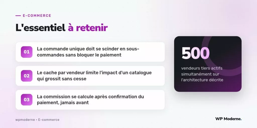 L'essentiel à retenir : La commande unique doit se scinder en sous-commandes sans bloquer le paiement ; Le cache par vendeur limite l'impact d'un catalogue qui grossit sans cesse ; La commission se calcule après confirmation du paiement, jamais avant