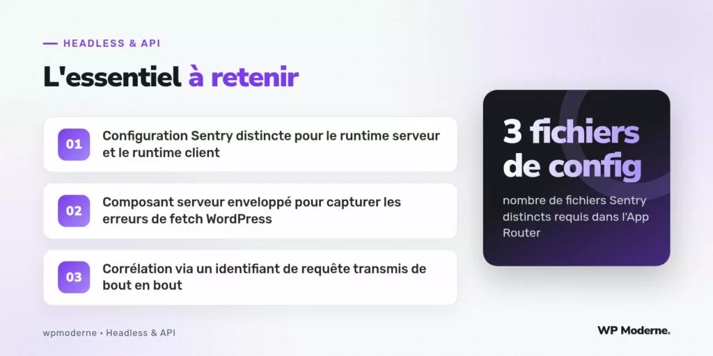 L'essentiel à retenir : Configuration Sentry distincte pour le runtime serveur et le runtime client ; Composant serveur enveloppé pour capturer les erreurs de fetch WordPress ; Corrélation via un identifiant de requête transmis de bout en bout