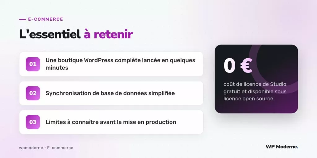 L'essentiel à retenir : Une boutique WordPress complète lancée en quelques minutes ; Synchronisation de base de données simplifiée ; Limites à connaître avant la mise en production