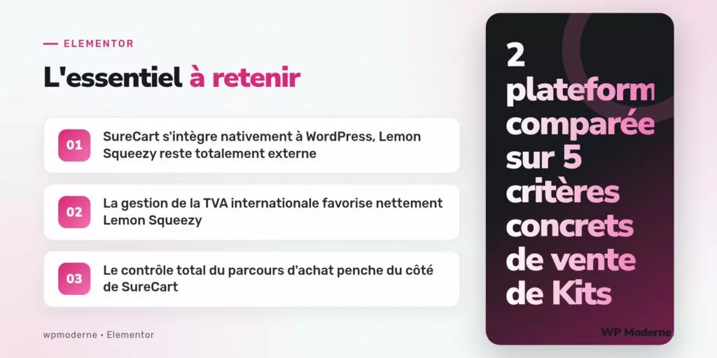 L'essentiel à retenir : SureCart s'intègre nativement à WordPress, Lemon Squeezy reste totalement externe ; La gestion de la TVA internationale favorise nettement Lemon Squeezy ; Le contrôle total du parcours d'achat penche du côté de SureCart