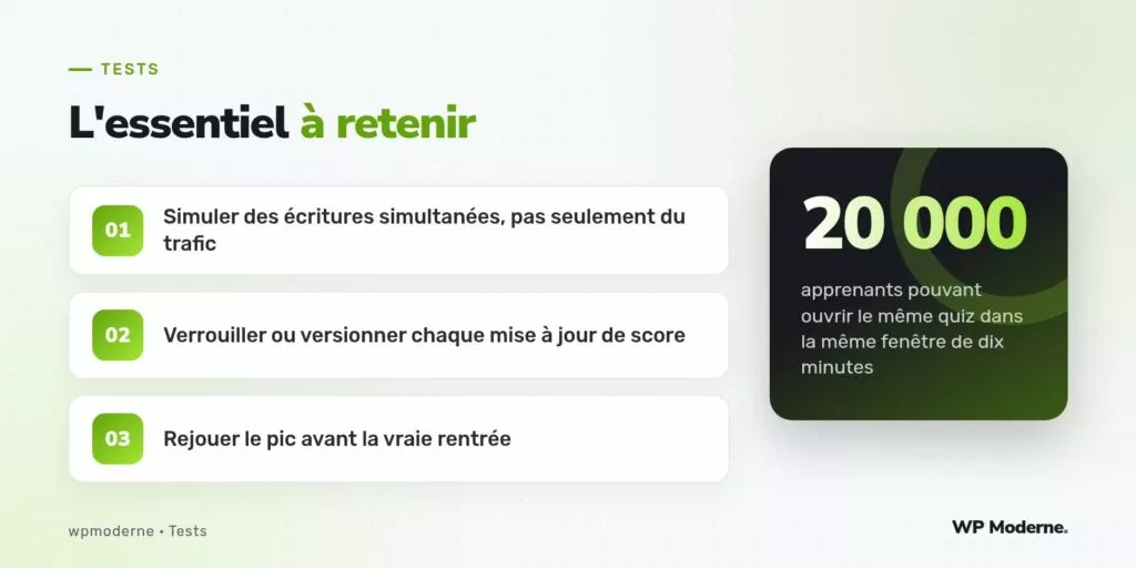 L'essentiel à retenir : Simuler des écritures simultanées, pas seulement du trafic ; Verrouiller ou versionner chaque mise à jour de score ; Rejouer le pic avant la vraie rentrée