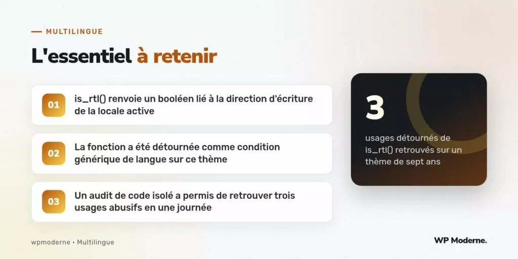 L'essentiel à retenir : is_rtl() renvoie un booléen lié à la direction d'écriture de la locale active ; La fonction a été détournée comme condition générique de langue sur ce thème ; Un audit de code isolé a permis de retrouver trois usages abusifs en une journée