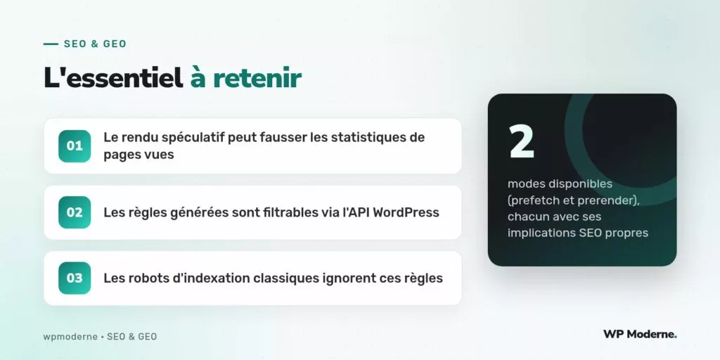 L'essentiel à retenir : Le rendu spéculatif peut fausser les statistiques de pages vues ; Les règles générées sont filtrables via l'API WordPress ; Les robots d'indexation classiques ignorent ces règles