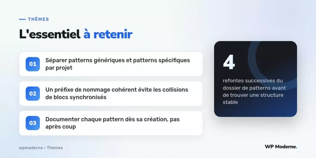 L'essentiel à retenir : Séparer patterns génériques et patterns spécifiques par projet ; Un préfixe de nommage cohérent évite les collisions de blocs synchronisés ; Documenter chaque pattern dès sa création, pas après coup