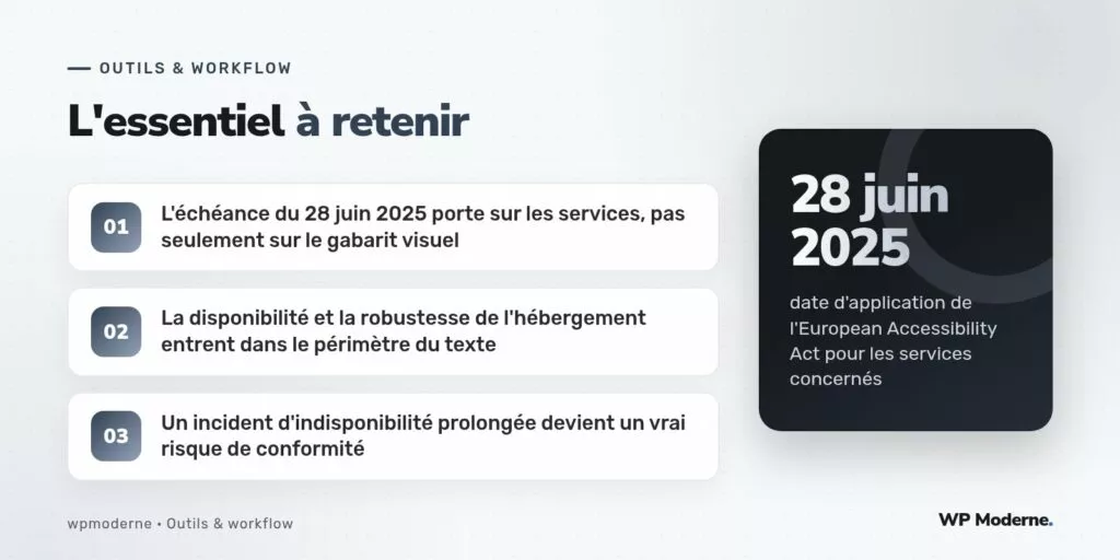 L'essentiel à retenir : L'échéance du 28 juin 2025 porte sur les services, pas seulement sur le gabarit visuel ; La disponibilité et la robustesse de l'hébergement entrent dans le périmètre du texte ; Un incident d'indisponibilité prolongée devient un vrai risque de conformité